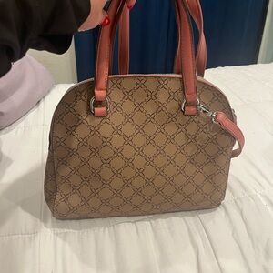 Brown Patterned Dome Satchel with Pink Trim